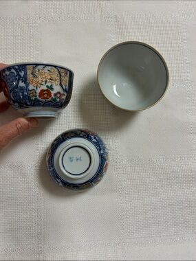 Japanese Arita Decorative Floral Porcelain Tea Cups  - Blue, White, Gold Accents